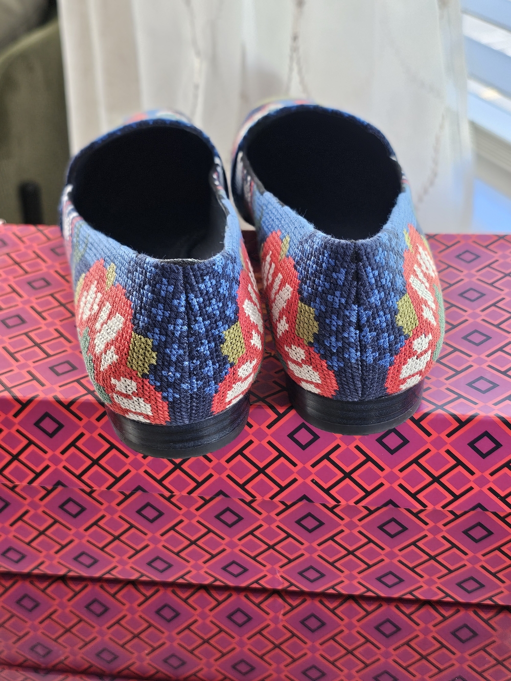 Tory Burch Blue Floral Needlepoint Loafers - Picture 4 of 5